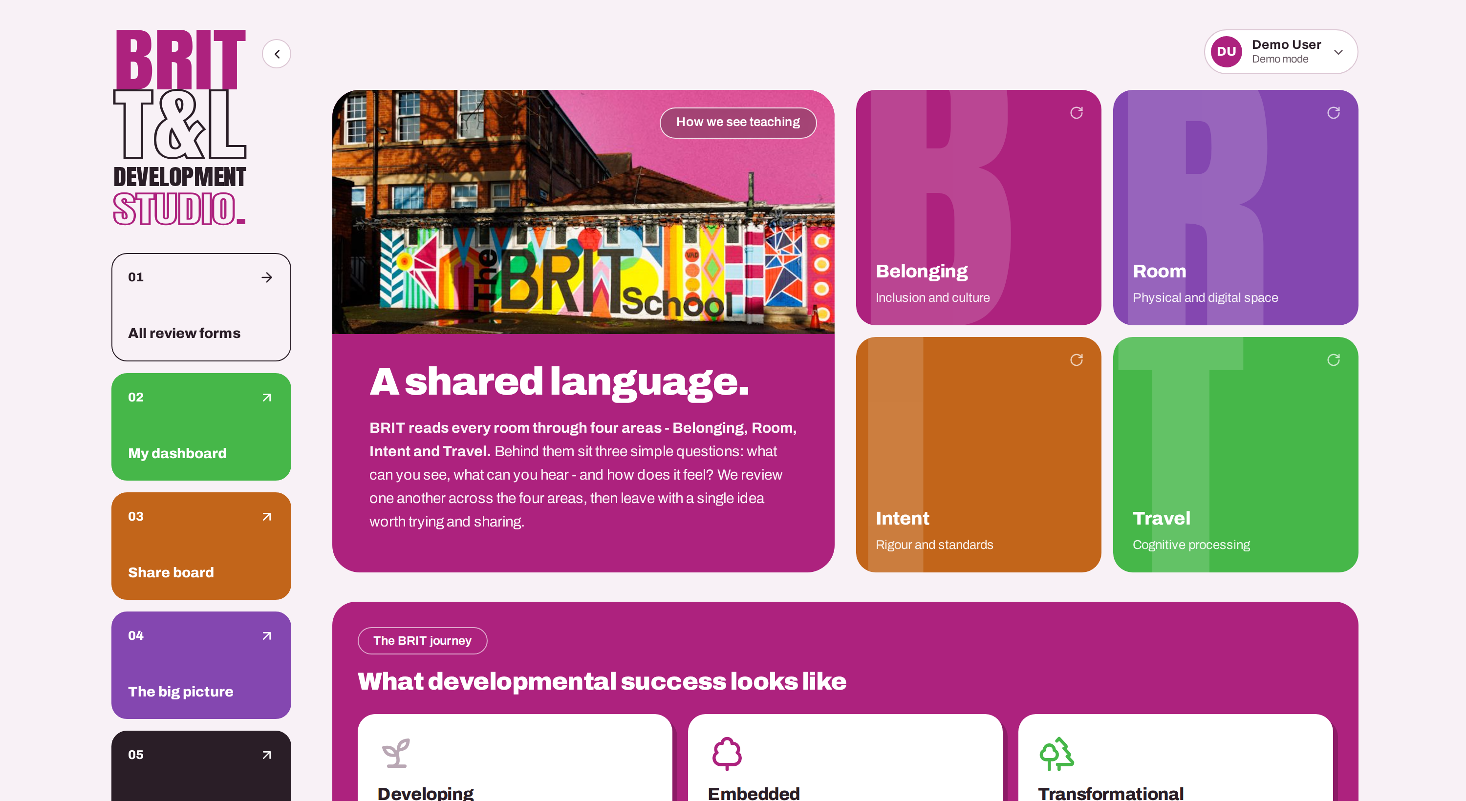 The T&L Development Studio - the landing page, showing the four-area framework and review forms