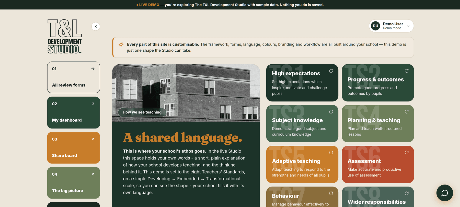 The T&L Development Studio - the demo landing page, showing the Teachers' Standards framework and review forms